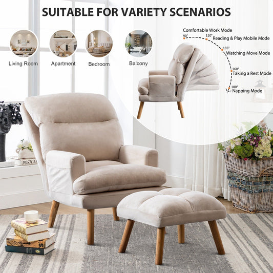 Fauteuil de salon confortable en tissu avec dossier et repose-pieds réglables.