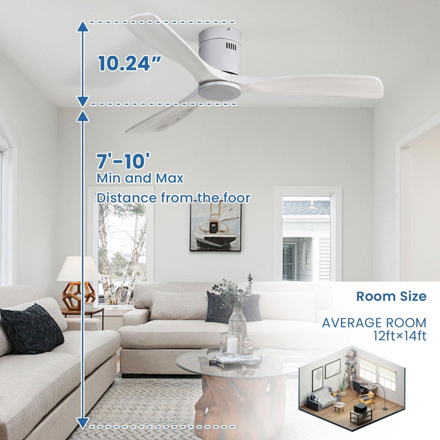 Ventilateur de plafond Sofucor à montage encastré de 52 pouces avec télécommande, moteur réversible, éclairage intégré en option.