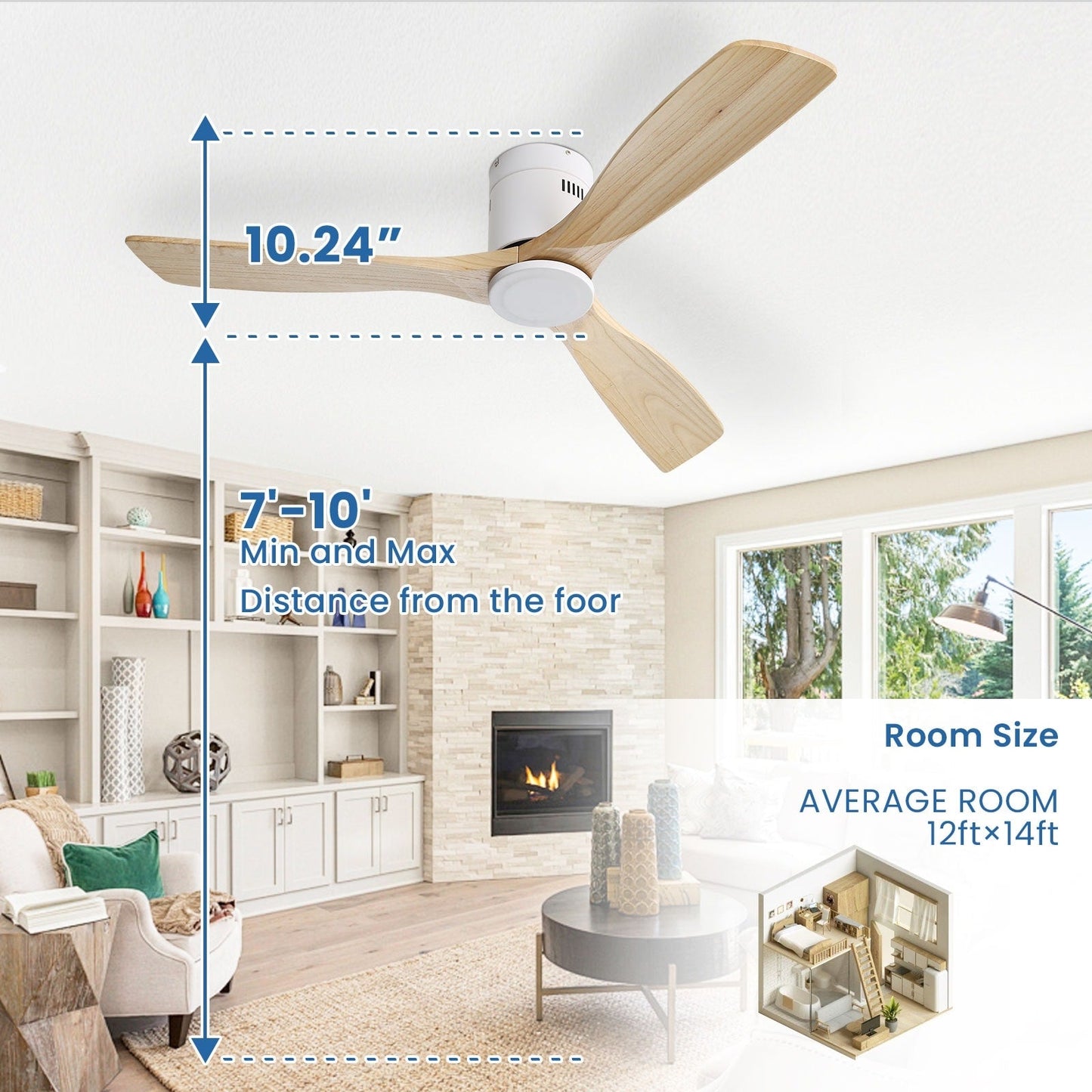 Ventilateur de plafond Sofucor à montage encastré de 52 pouces avec télécommande, moteur réversible, éclairage intégré en option.