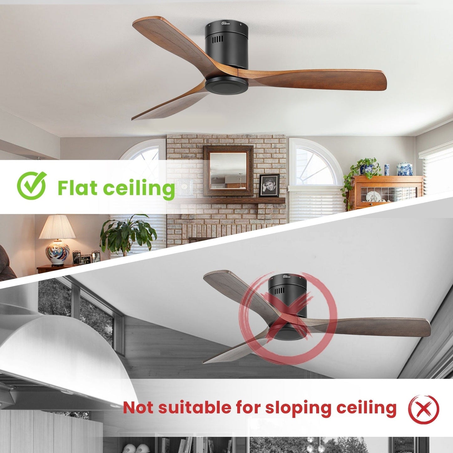 Ventilateur de plafond Sofucor à montage encastré de 52 pouces avec télécommande, moteur réversible, éclairage intégré en option.