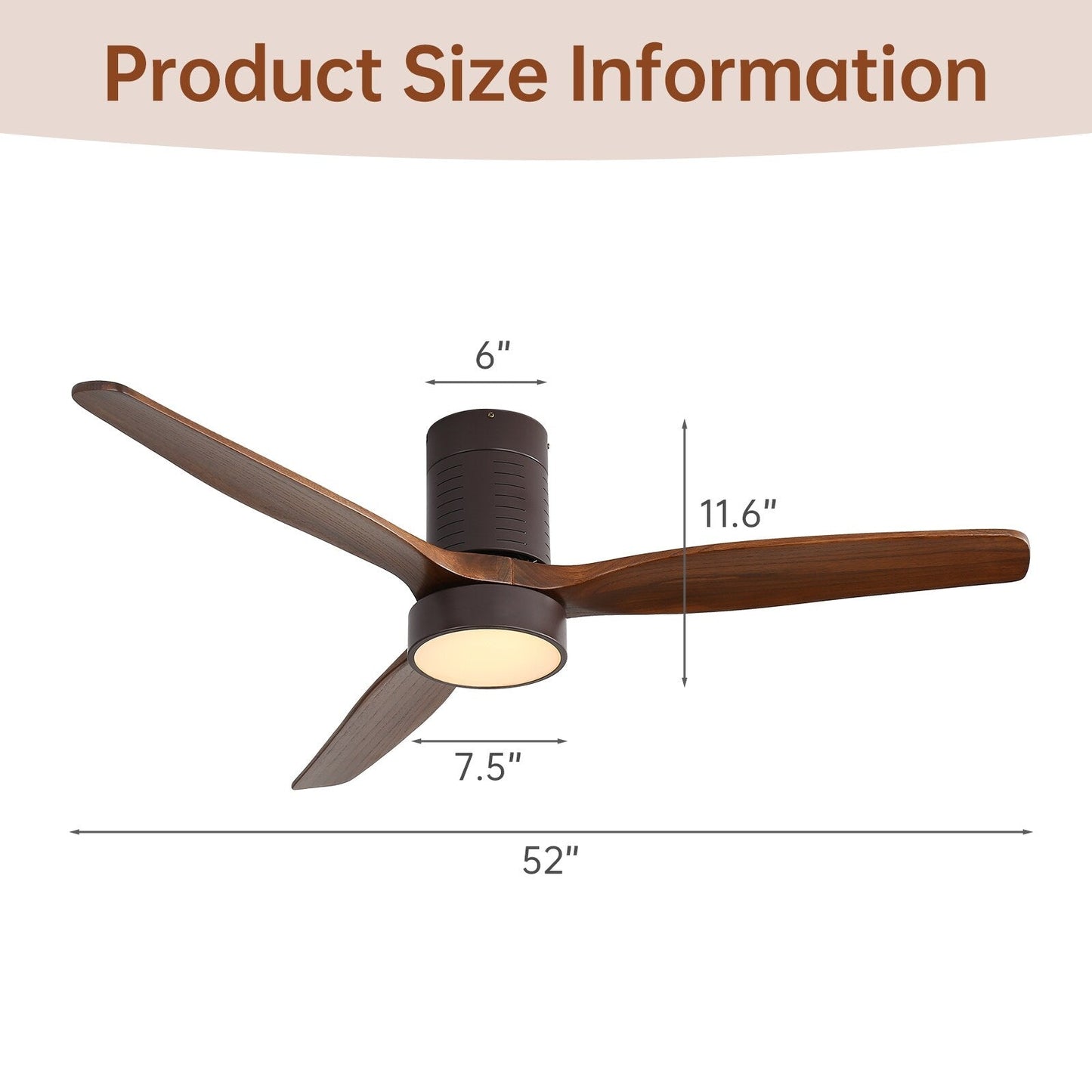 Ventilateur de plafond Sofucor à montage encastré de 52 pouces avec télécommande, moteur réversible, éclairage intégré en option.