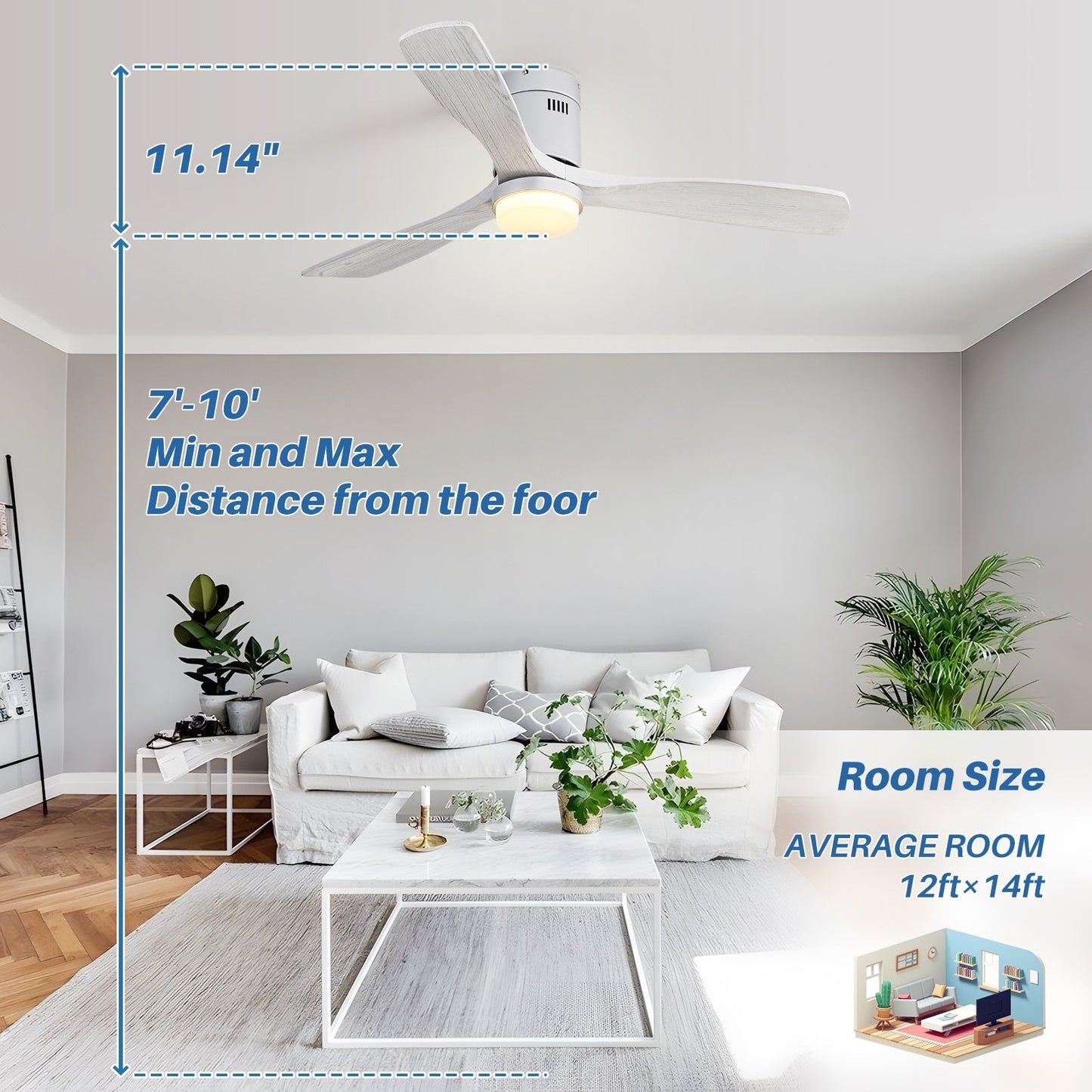 Ventilateur de plafond Sofucor à montage encastré de 52 pouces avec télécommande, moteur réversible, éclairage intégré en option.