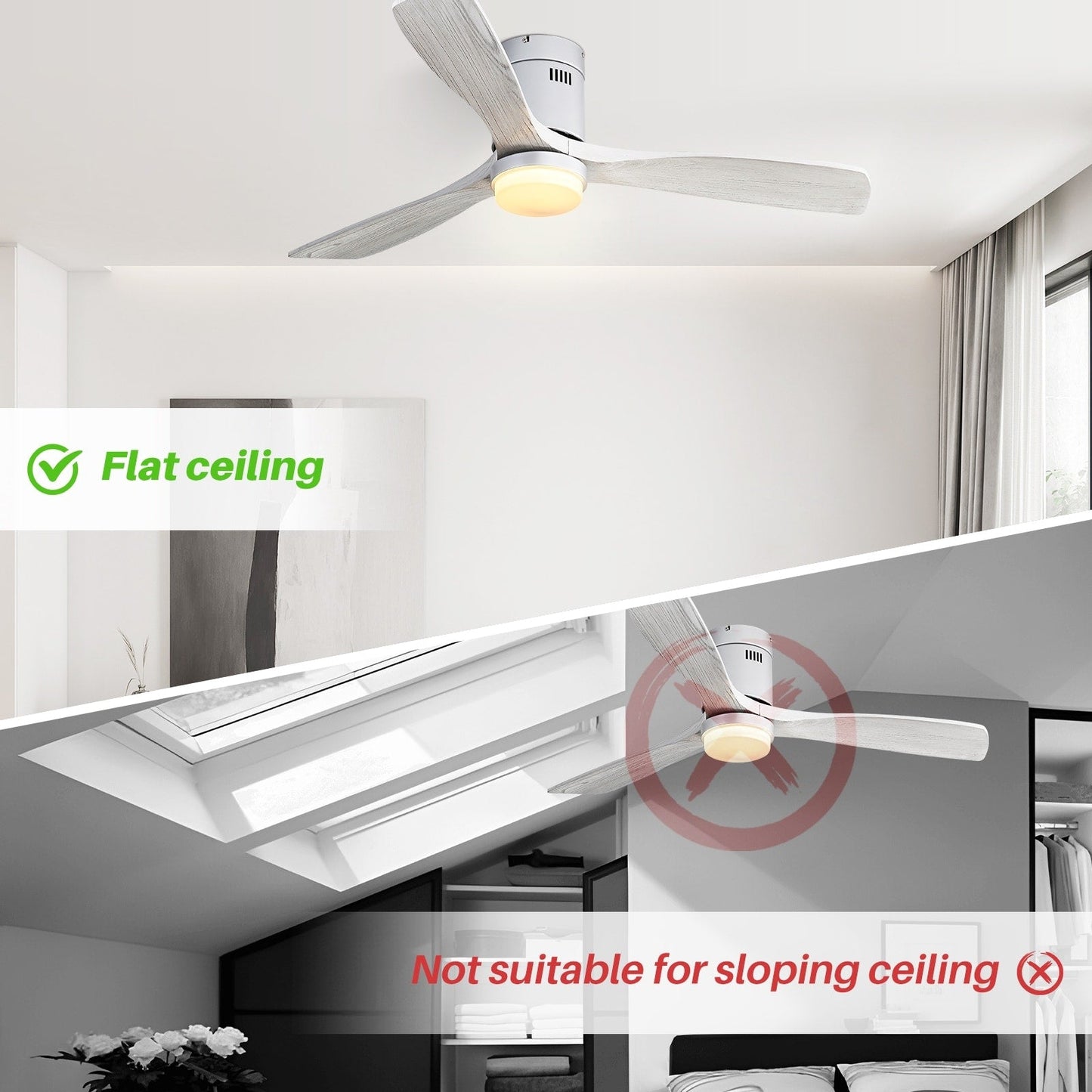 Ventilateur de plafond Sofucor à montage encastré de 52 pouces avec télécommande, moteur réversible, éclairage intégré en option.