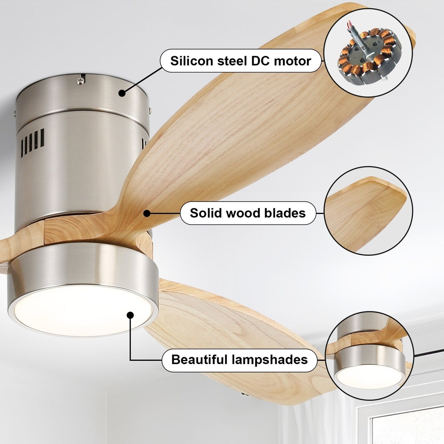Ventilateur de plafond Sofucor à montage encastré de 52 pouces avec télécommande, moteur réversible, éclairage intégré en option.