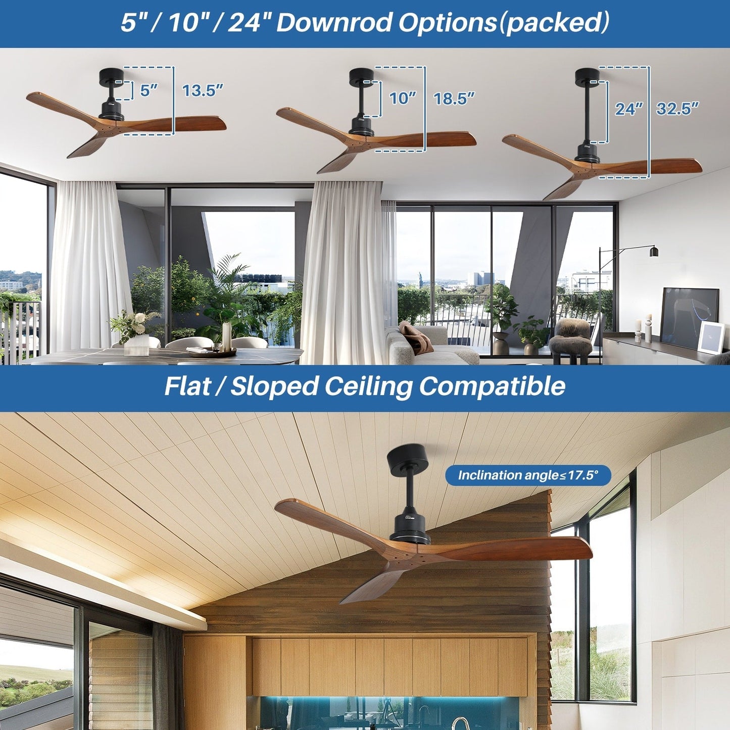 Ventilateur de plafond intérieur en bois Sofucor 52 avec télécommande, éclairage intégré en option.