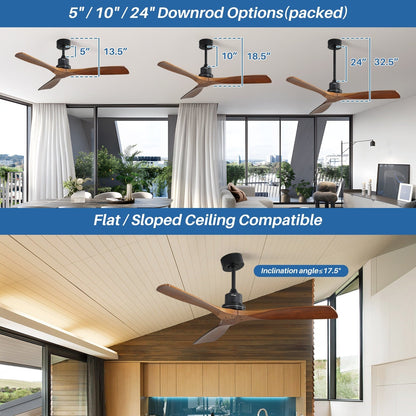 Ventilateur de plafond intérieur en bois Sofucor 52 avec télécommande, éclairage intégré en option.