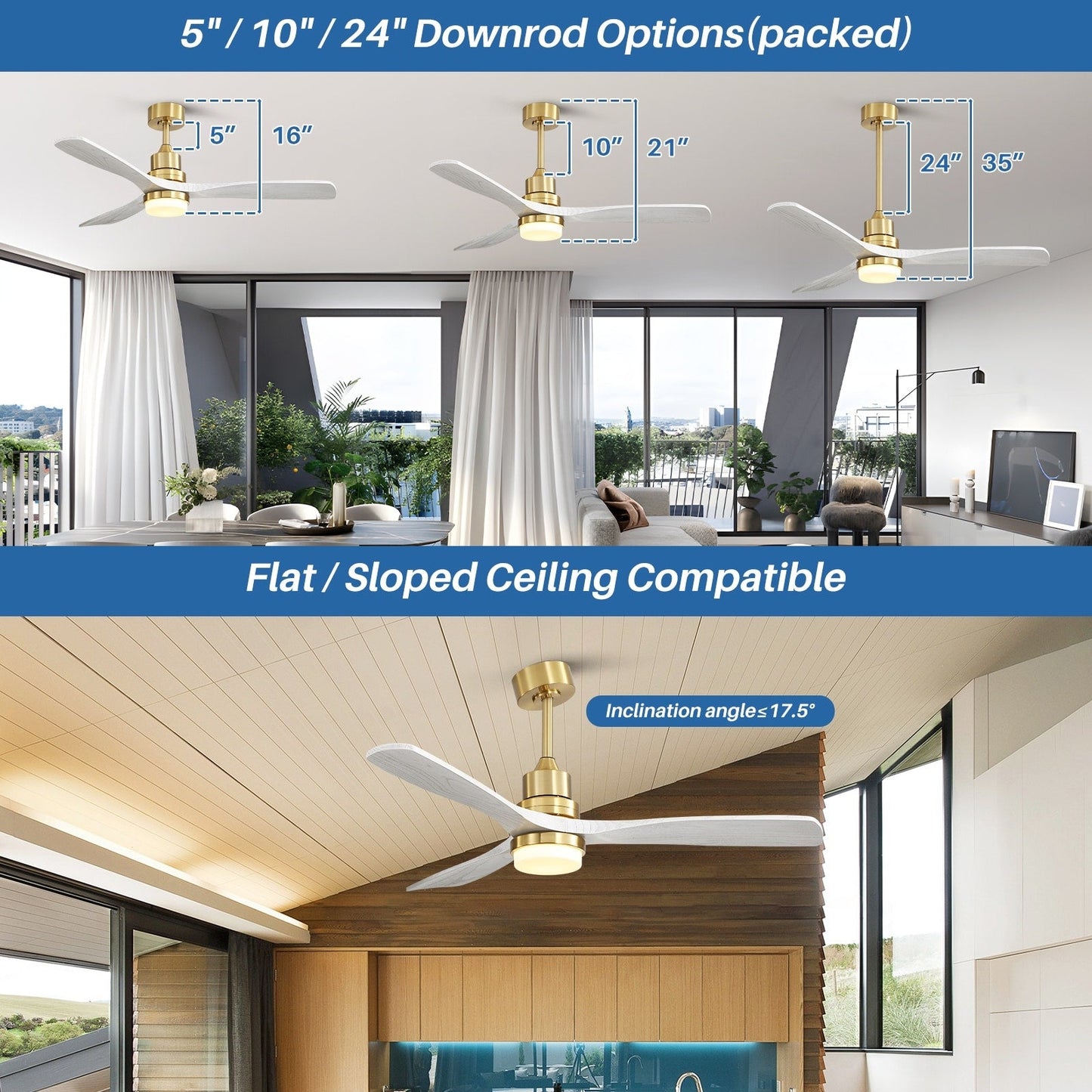 Ventilateur de plafond intérieur en bois Sofucor 52 avec télécommande, éclairage intégré en option.