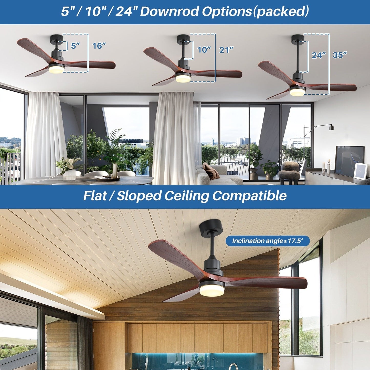 Ventilateur de plafond intérieur en bois Sofucor 52 avec télécommande, éclairage intégré en option.