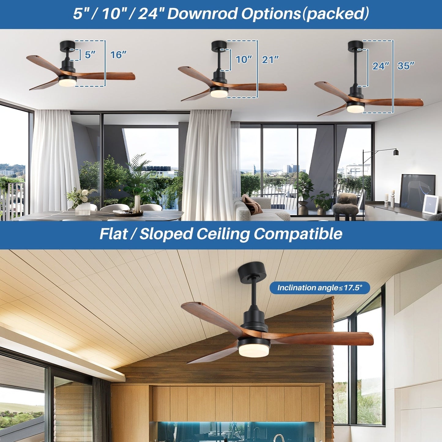 Ventilateur de plafond intérieur en bois Sofucor 52 avec télécommande, éclairage intégré en option.