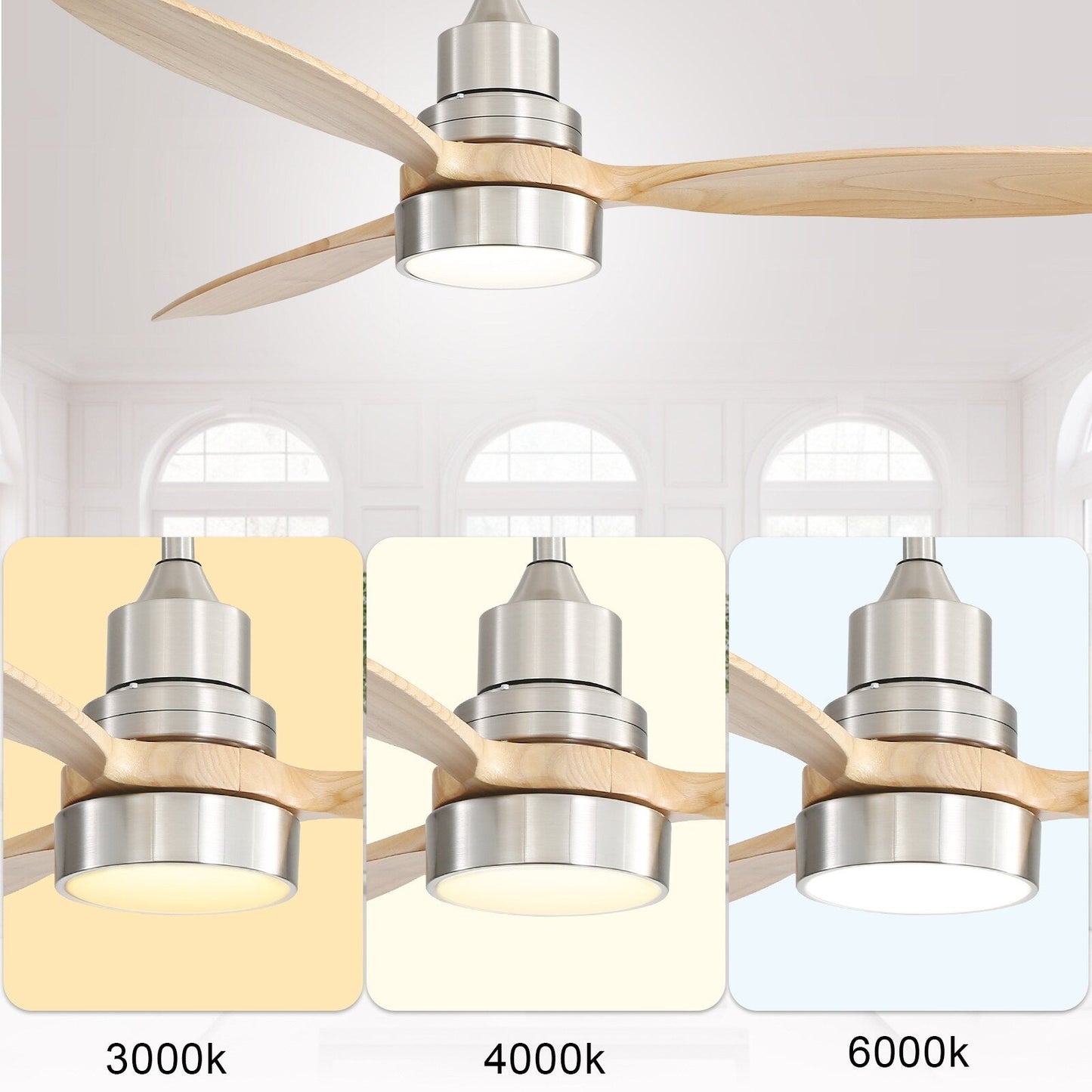 Ventilateur de plafond intérieur en bois Sofucor 52 avec télécommande, éclairage intégré en option.