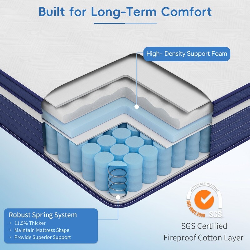 Matelas hybride à ressorts de 25 cm (10 po) SweDrea, à refroidissement et respirant, fermeté moyenne, certifié CertiPUR-US, SGS et OEKO-TEX.