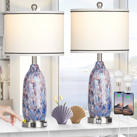 Lampe de table avec veilleuse 2 en 1, corps en verre indigo, ports de charge, prise secteur, abat-jour tambour, interrupteur tactile avec gradation (lot de 2)