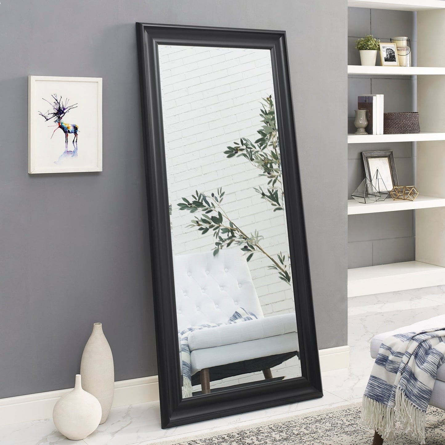 Grand miroir, miroir pleine taille, miroir rectangulaire surdimensionné, cadre en faux bois lisse, miroir mural suspendu.