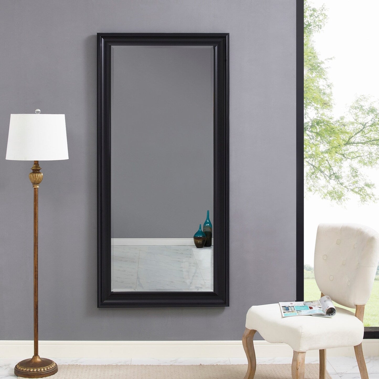 Grand miroir, miroir pleine taille, miroir rectangulaire surdimensionné, cadre en faux bois lisse, miroir mural suspendu.