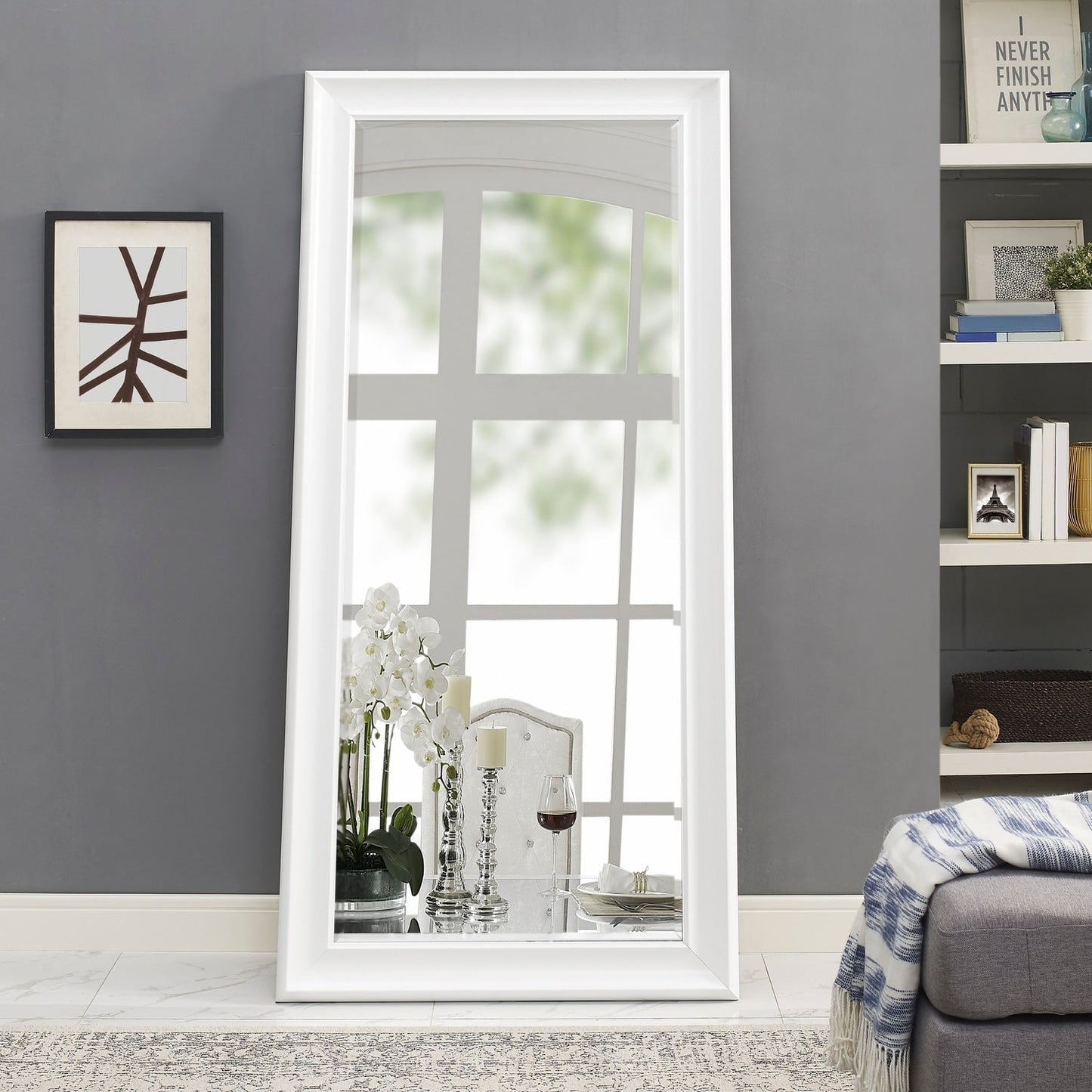 Grand miroir, miroir pleine taille, miroir rectangulaire surdimensionné, cadre en faux bois lisse, miroir mural suspendu.