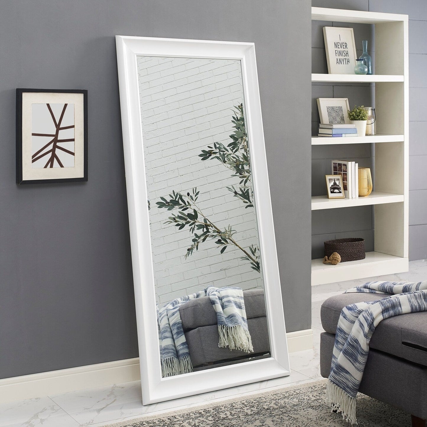 Grand miroir, miroir pleine taille, miroir rectangulaire surdimensionné, cadre en faux bois lisse, miroir mural suspendu.