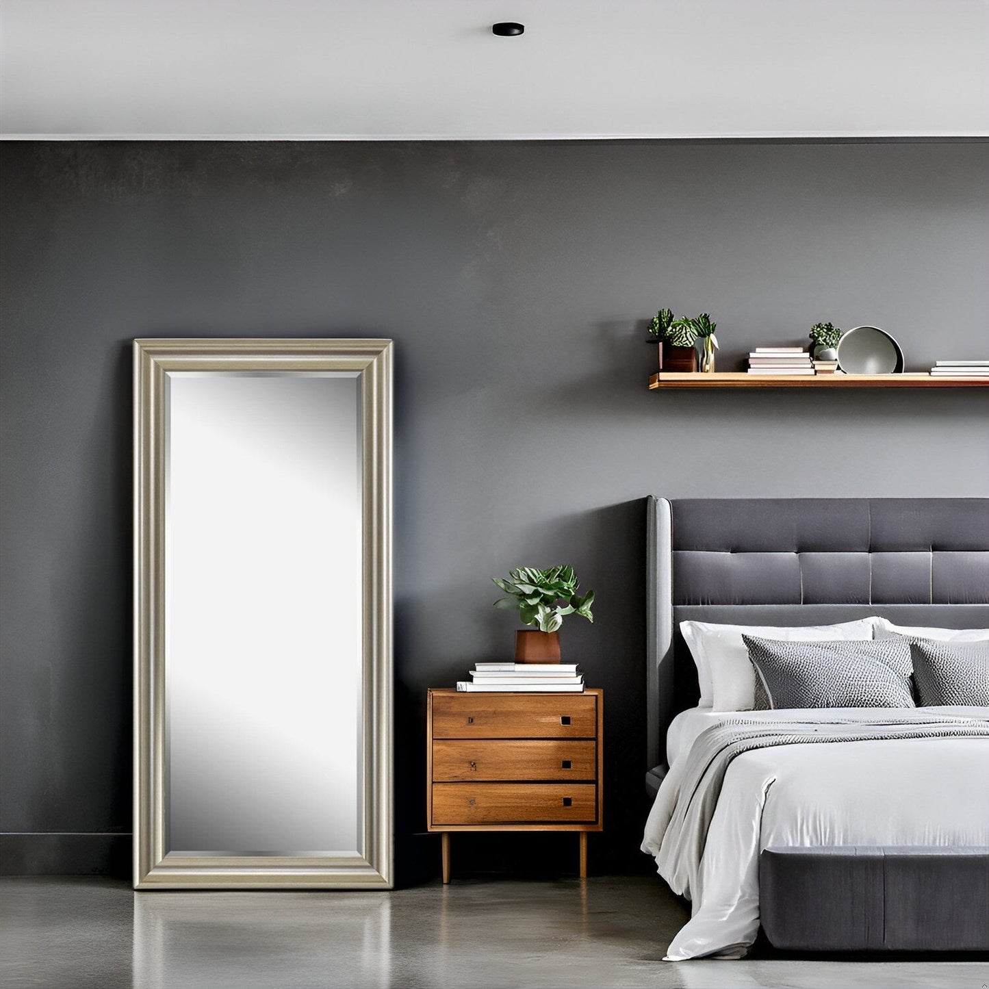 Grand miroir, miroir pleine taille, miroir rectangulaire surdimensionné, cadre en faux bois lisse, miroir mural suspendu.