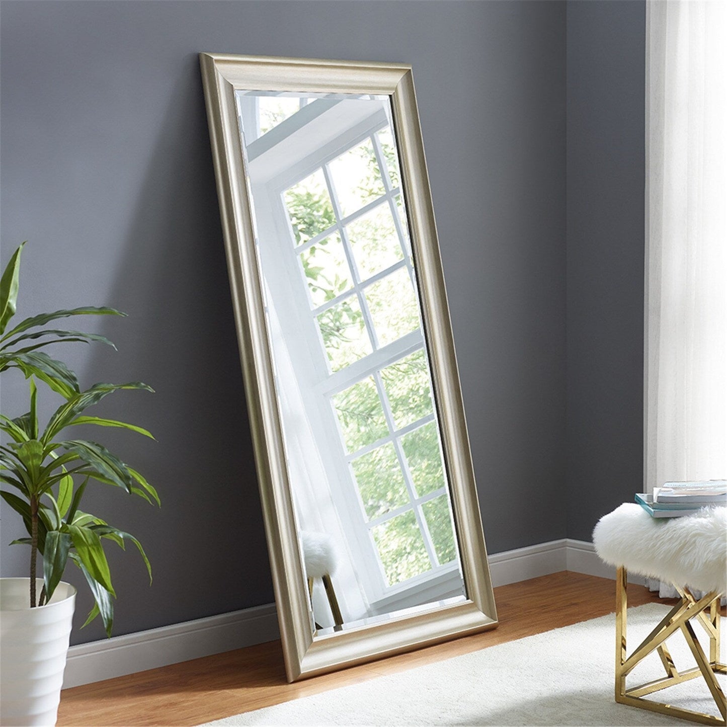 Grand miroir, miroir pleine taille, miroir rectangulaire surdimensionné, cadre en faux bois lisse, miroir mural suspendu.