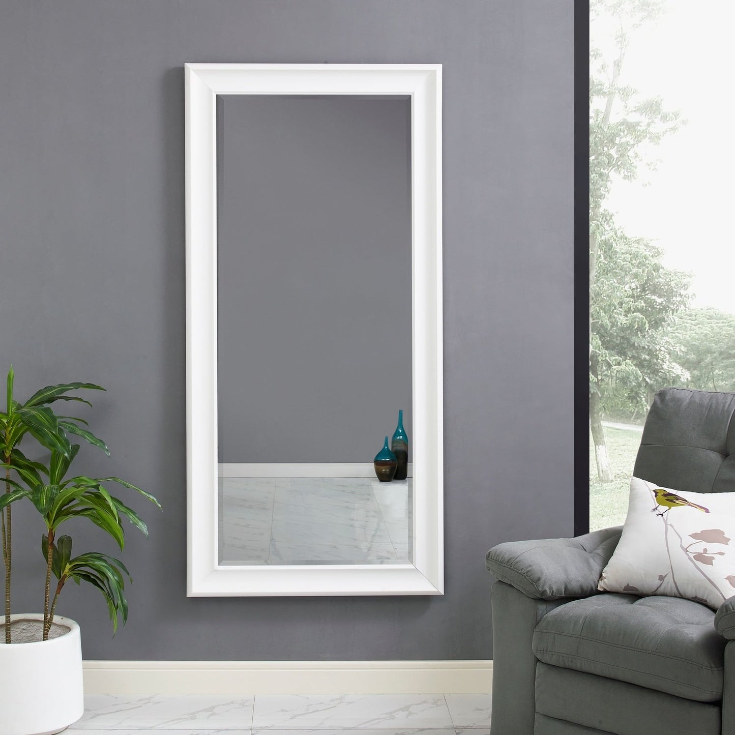 Grand miroir, miroir pleine taille, miroir rectangulaire surdimensionné, cadre en faux bois lisse, miroir mural suspendu.