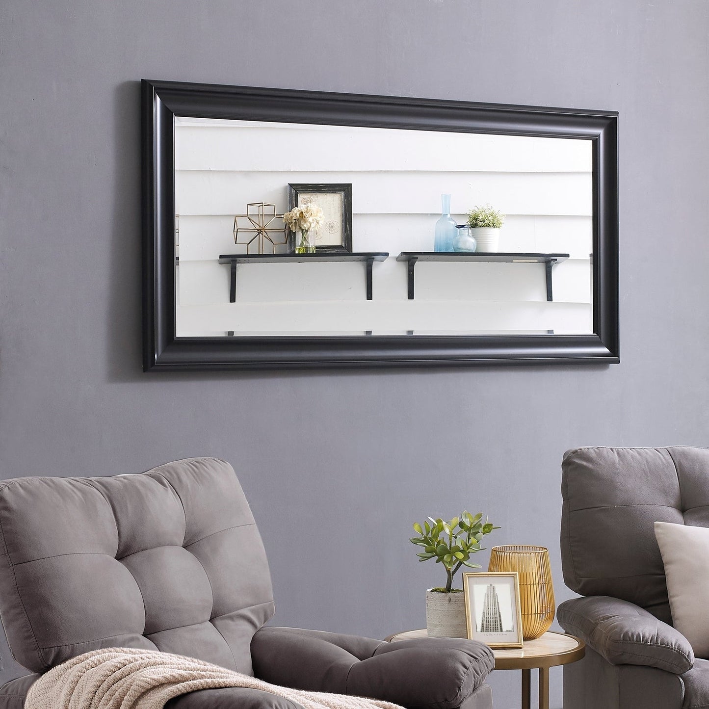 Grand miroir, miroir pleine taille, miroir rectangulaire surdimensionné, cadre en faux bois lisse, miroir mural suspendu.