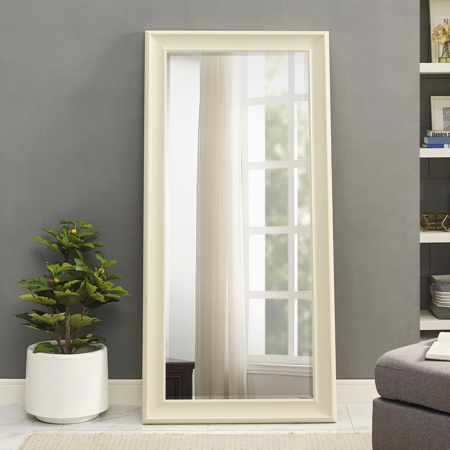 Grand miroir, miroir pleine taille, miroir rectangulaire surdimensionné, cadre en faux bois lisse, miroir mural suspendu.