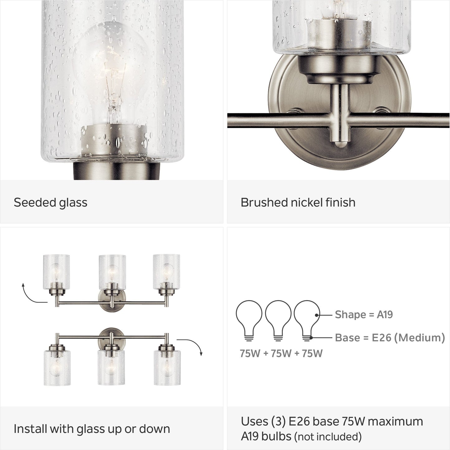 Kichler Lighting Winslow, luminaire de salle de bain à 3 lumières, nickel brossé