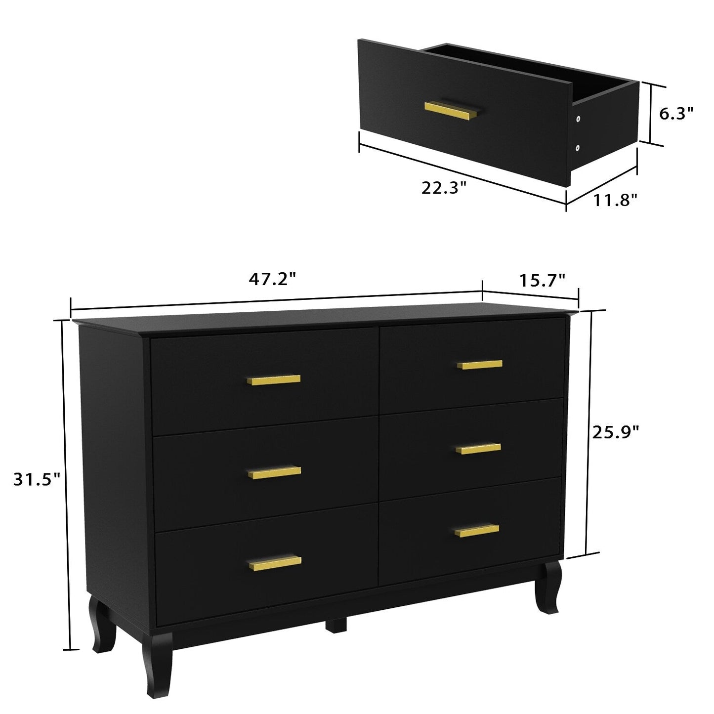 Commode double Timechee à 6 tiroirs, 120 cm de large, pieds en bois massif, laquée.