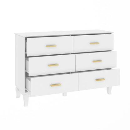 Commode double Timechee à 6 tiroirs, 120 cm de large, pieds en bois massif, laquée.