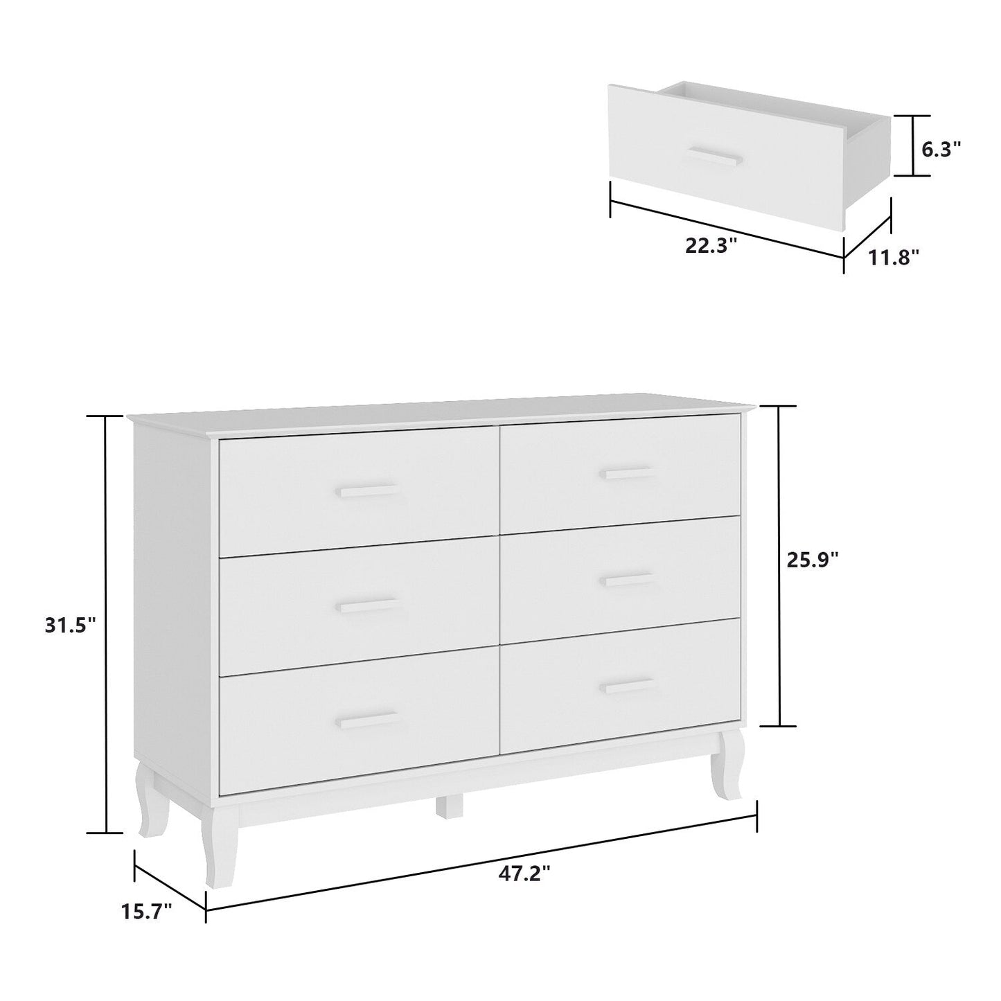 Commode double Timechee à 6 tiroirs, 120 cm de large, pieds en bois massif, laquée.