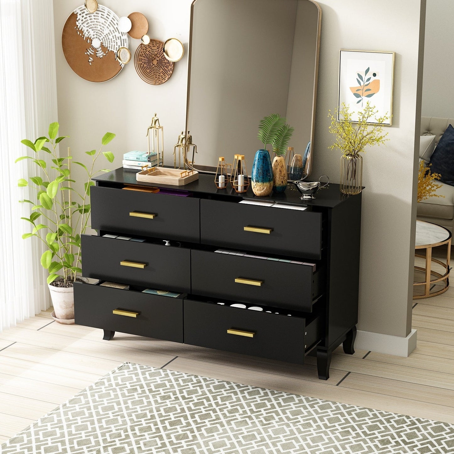 Commode double Timechee à 6 tiroirs, 120 cm de large, pieds en bois massif, laquée.
