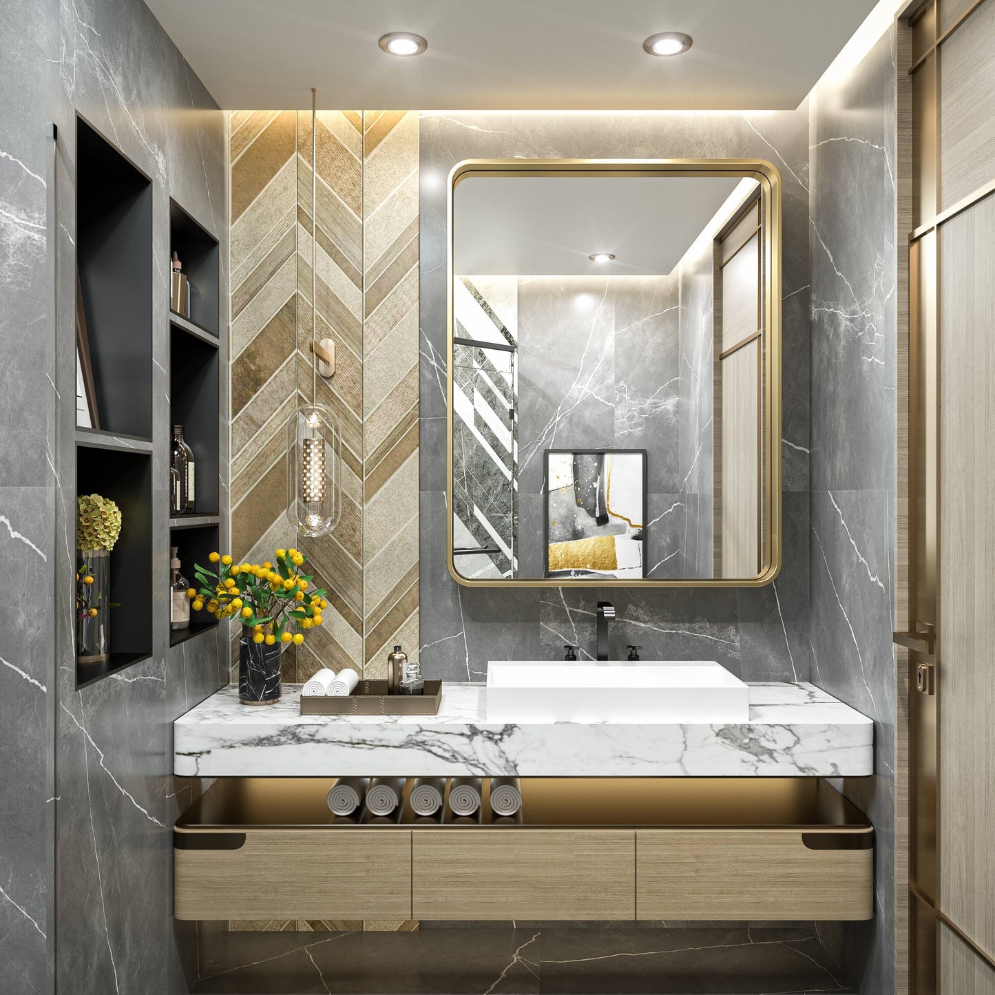 TokeShimi Miroir mural de salle de bain avec cadre métallique moderne
