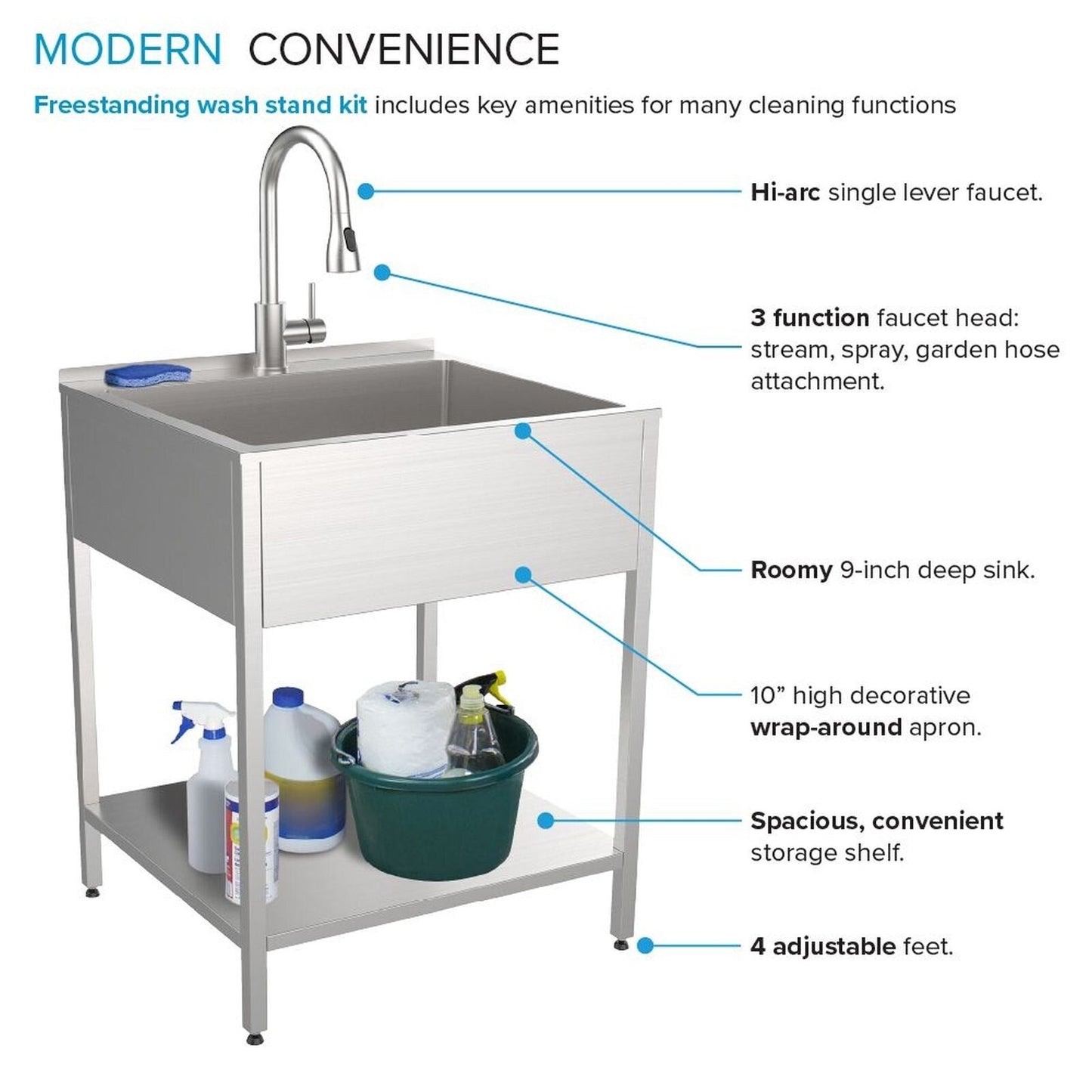 Transolid EWS-2422S Lavabo et support de lavage en acier inoxydable pour buanderie - 61 cm L x 56 cm P x 89 cm H - 61 cm x 56 cm