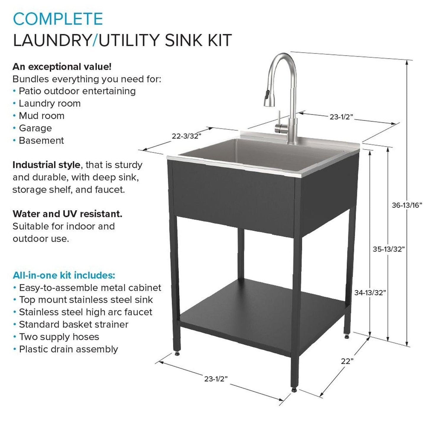 Transolid EWS-2422S Lavabo et support de lavage en acier inoxydable pour buanderie - 61 cm L x 56 cm P x 89 cm H - 61 cm x 56 cm