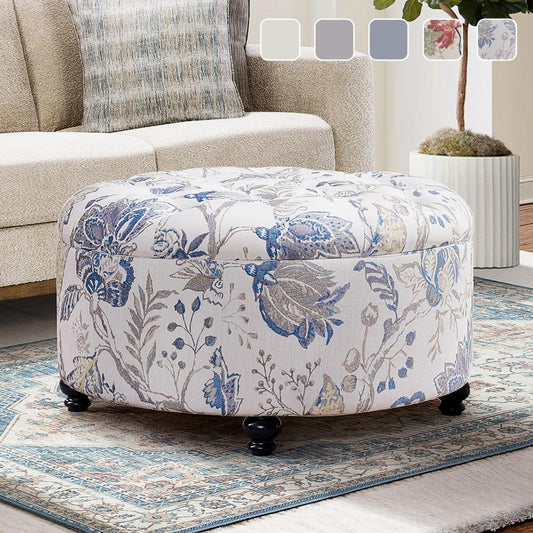 Tabouret de rangement rond capitonné, grand modèle, pied de repose, beige/gris/bleu