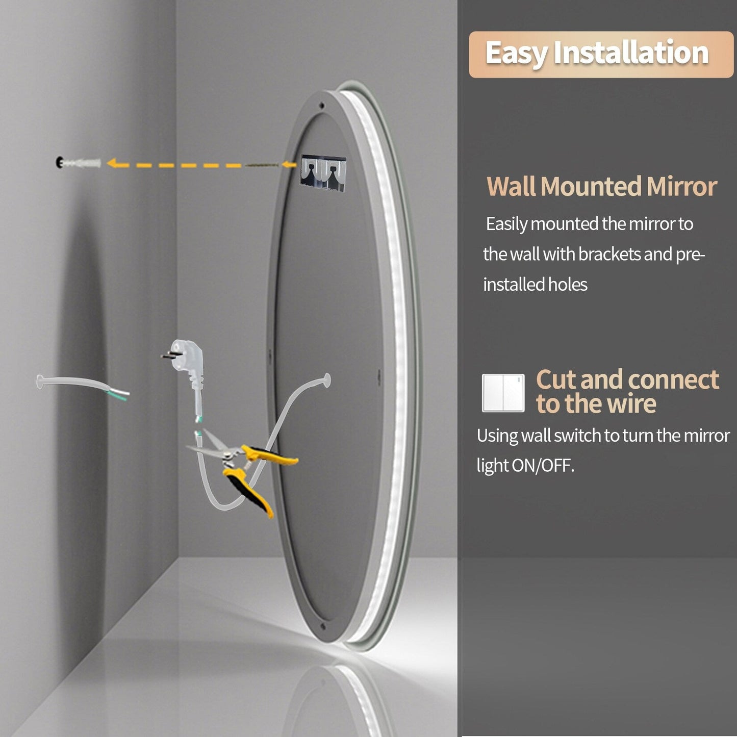 Grand miroir de salle de bain à éclairage LED unique, rétroéclairé, sans scintillement