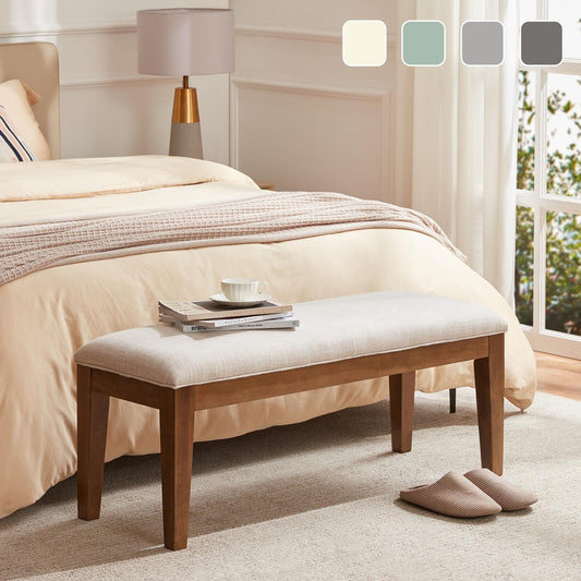Banc d'entrée recouvert de tissu, banc de chambre à coucher pour le pied du lit beige, en bois massif, 44 pouces