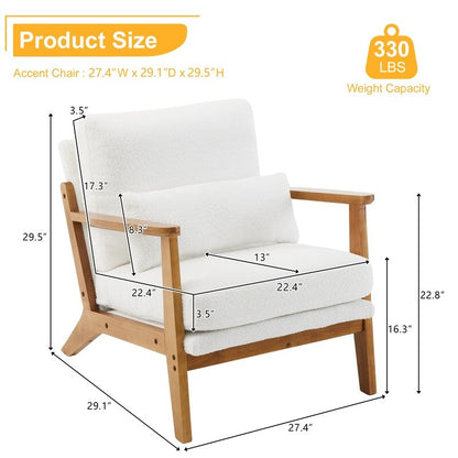 Fauteuil d'appoint en lin mélangé avec pieds en bois et un coussin beige.