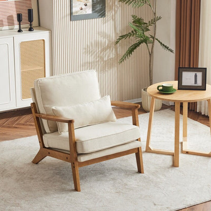 Fauteuil d'appoint en lin mélangé avec pieds en bois et un coussin beige.