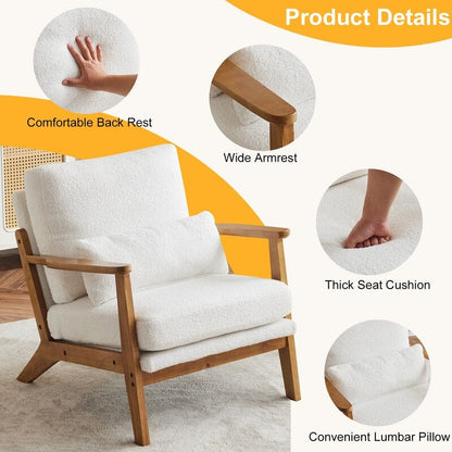 Fauteuil d'appoint en lin mélangé avec pieds en bois et un coussin beige.