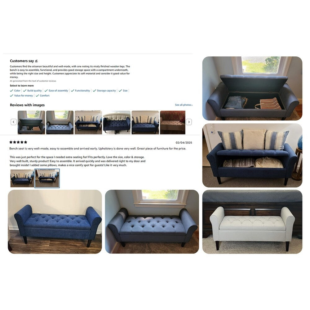 Banc de rangement capitonné, banc avec accoudoirs, banc d'entrée avec couvercle à rabat, 50,4 pouces.