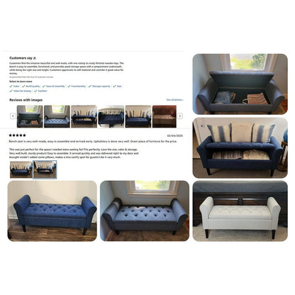 Banc de rangement capitonné, banc avec accoudoirs, banc d'entrée avec couvercle à rabat, 50,4 pouces.