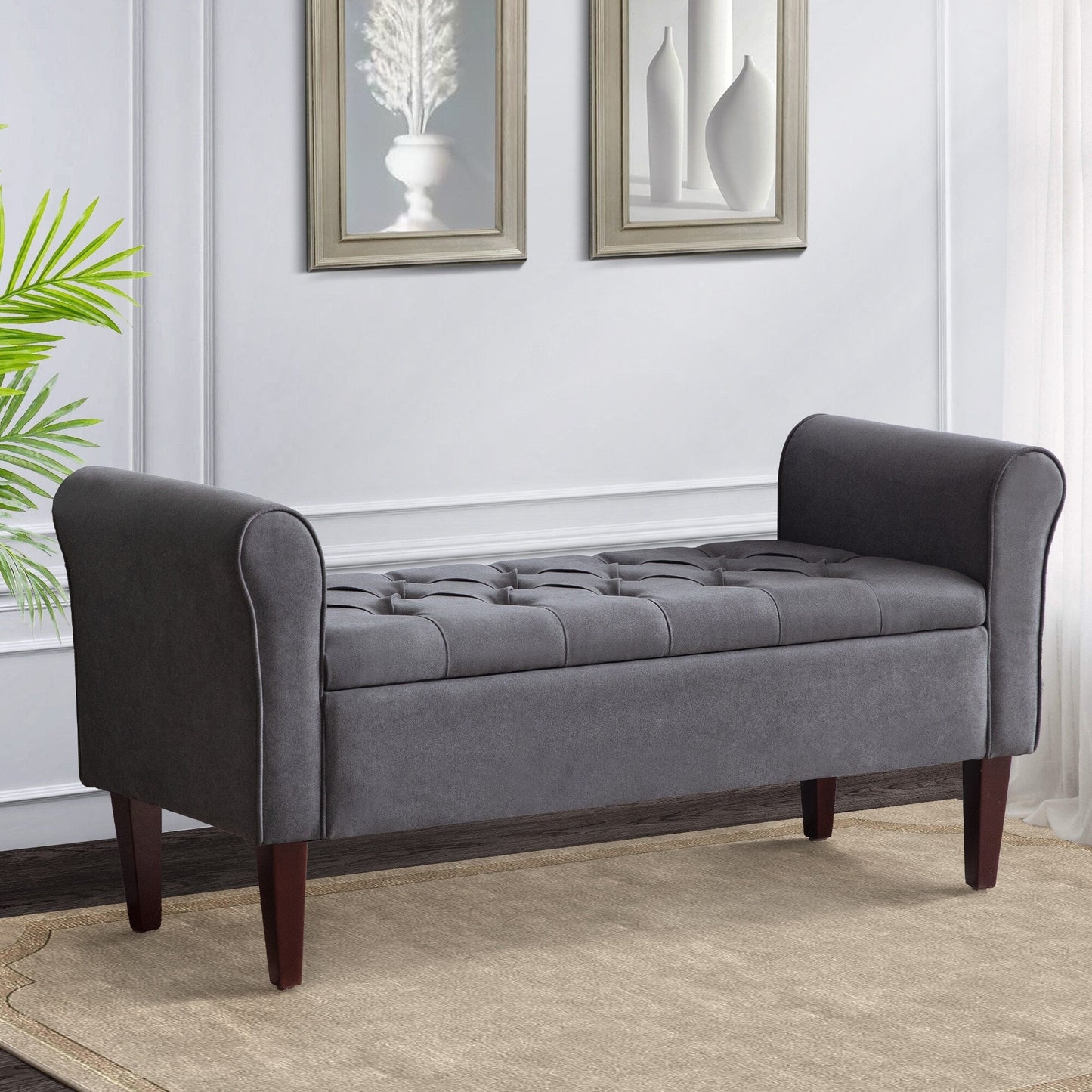 Banc de rangement capitonné, banc avec accoudoirs, banc d'entrée avec couvercle à rabat, 50,4 pouces.