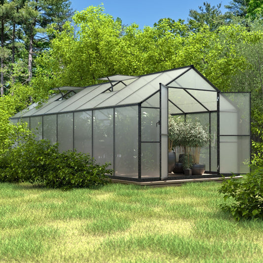 VEIKOUS Kit de serre de jardin à entrée latérale en aluminium avec fenêtre de toit réglable et porte verrouillable, gris.