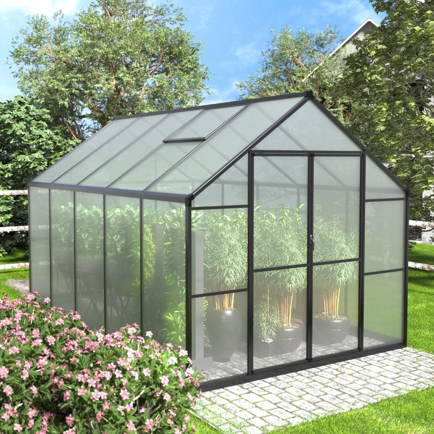 VEIKOUS Kit de serre de jardin à entrée latérale en aluminium avec fenêtre de toit réglable et porte verrouillable, gris.