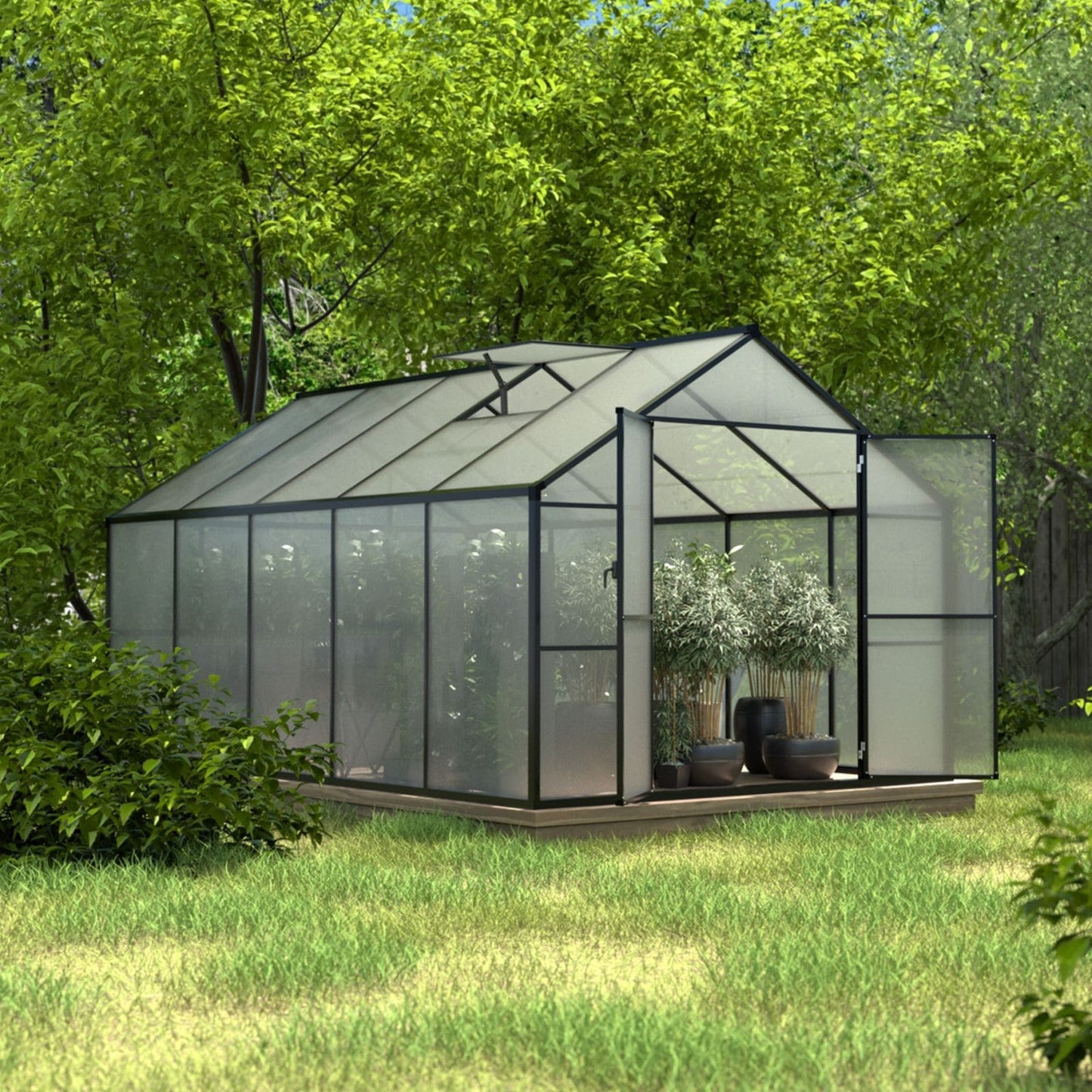 VEIKOUS Kit de serre de jardin à entrée latérale en aluminium avec fenêtre de toit réglable et porte verrouillable, gris.