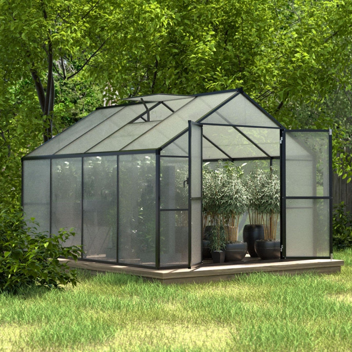 VEIKOUS Kit de serre de jardin à entrée latérale en aluminium avec fenêtre de toit réglable et porte verrouillable, gris.