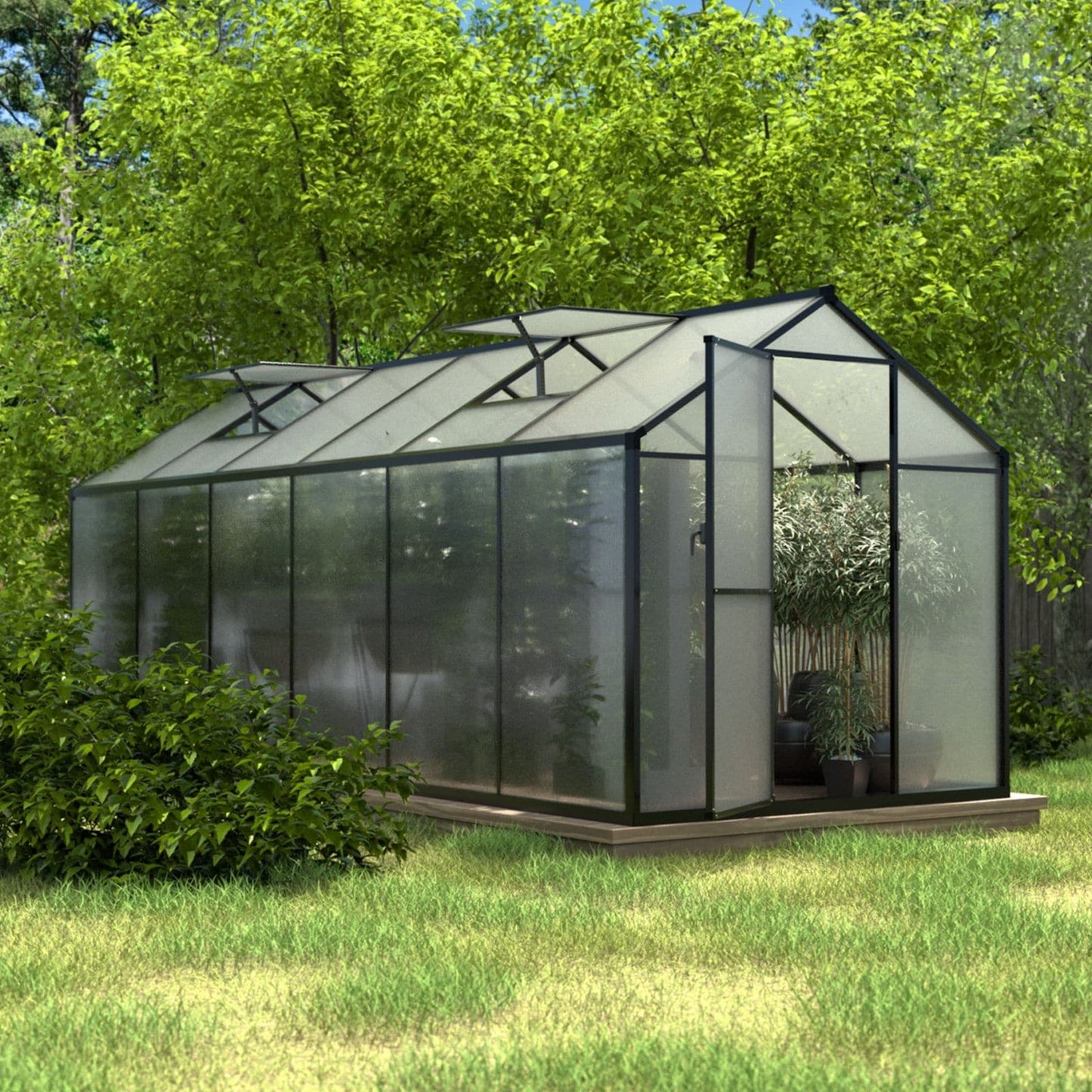 VEIKOUS Kit de serre de jardin à entrée latérale en aluminium avec fenêtre de toit réglable et porte verrouillable, gris.
