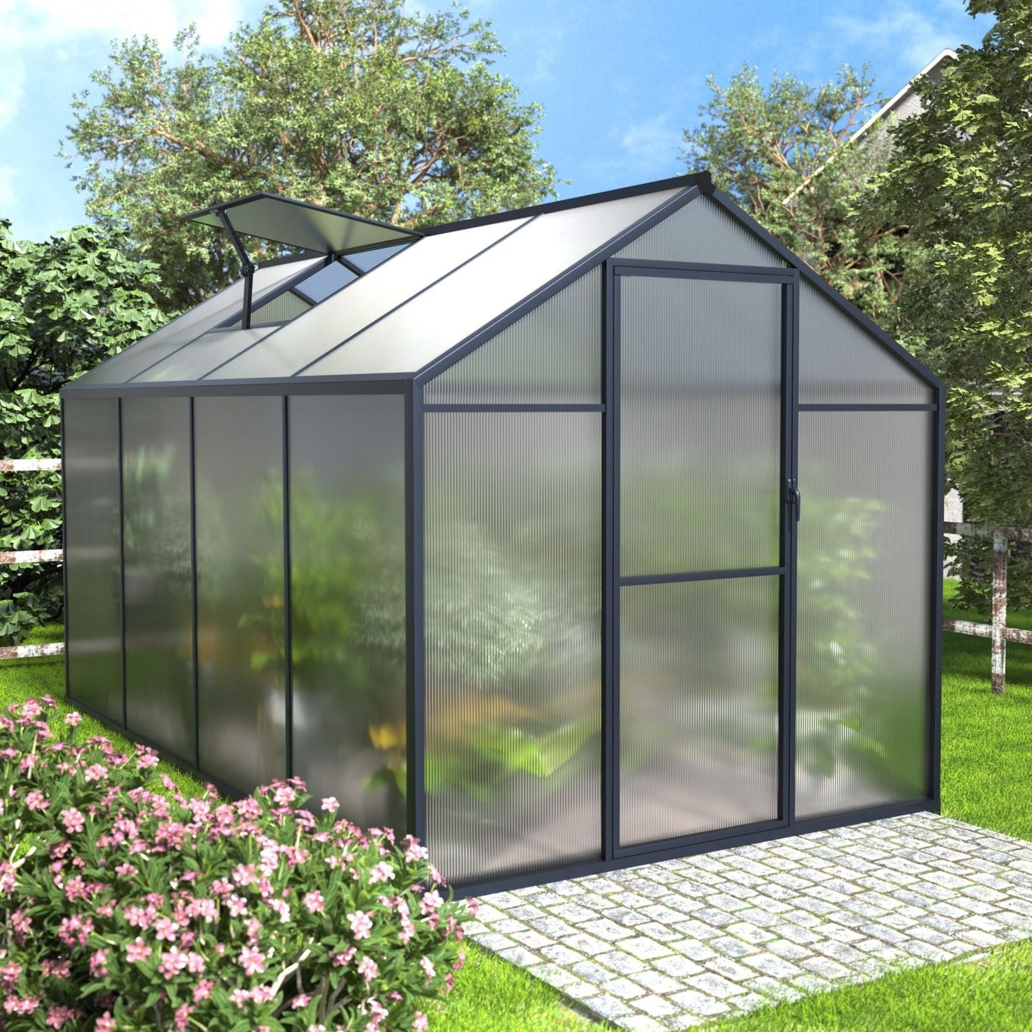 VEIKOUS Kit de serre de jardin à entrée latérale en aluminium avec fenêtre de toit réglable et porte verrouillable, gris.