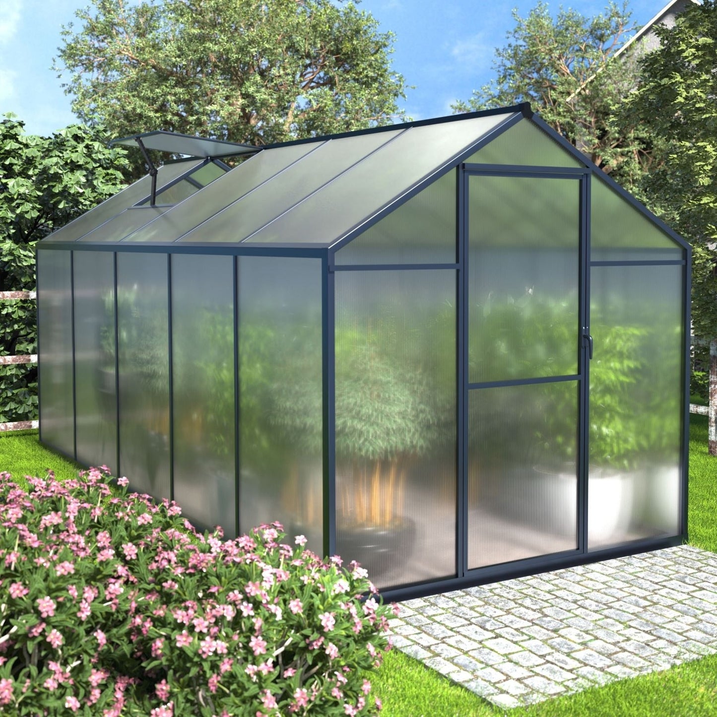 VEIKOUS Kit de serre de jardin à entrée latérale en aluminium avec fenêtre de toit réglable et porte verrouillable, gris.