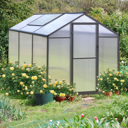 VEIKOUS Kit de serre de jardin à entrée latérale en aluminium avec fenêtre de toit réglable et porte verrouillable, gris.